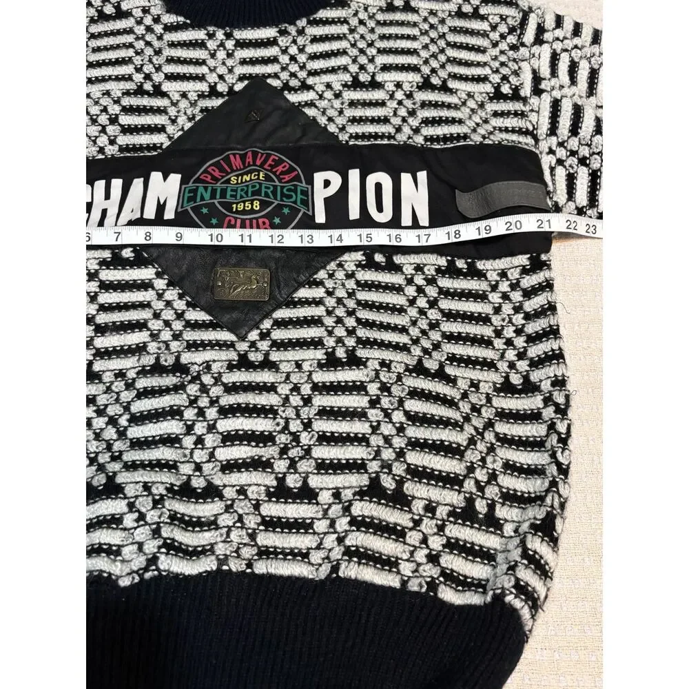 Vintage 90s 3D Knit Sweater Mens M Black White Geometric Champion Patch Grandpa